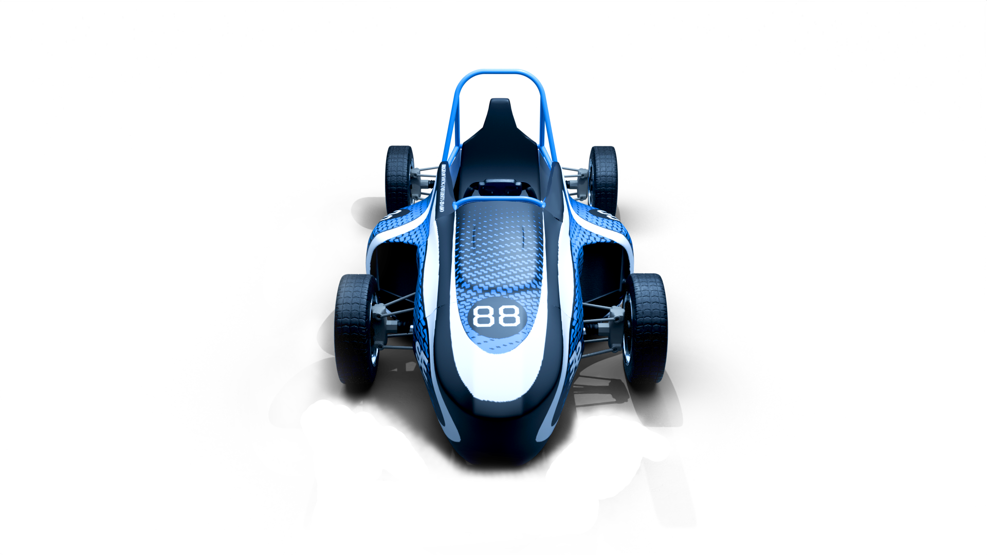 Front view of a blue and white formula car concept render